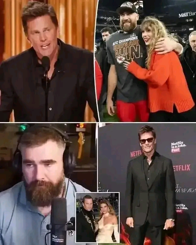 JUST IN:”Tom Brady didn’t hold back, throwing a sharp jab at Travis Kelce with a grin: “If he’d focused more on football than Taylor Swift, the Chiefs might’ve had a three-peat.” The internet barely had time to blink before Jason Kelce fired back: “I love Brady, but maybe if he’d focused more on his wife, he’d still have one.” It wasn’t just playful banter—it was a mic-drop moment that had fans gasping like they were watching a family barbecue turn into a roast...